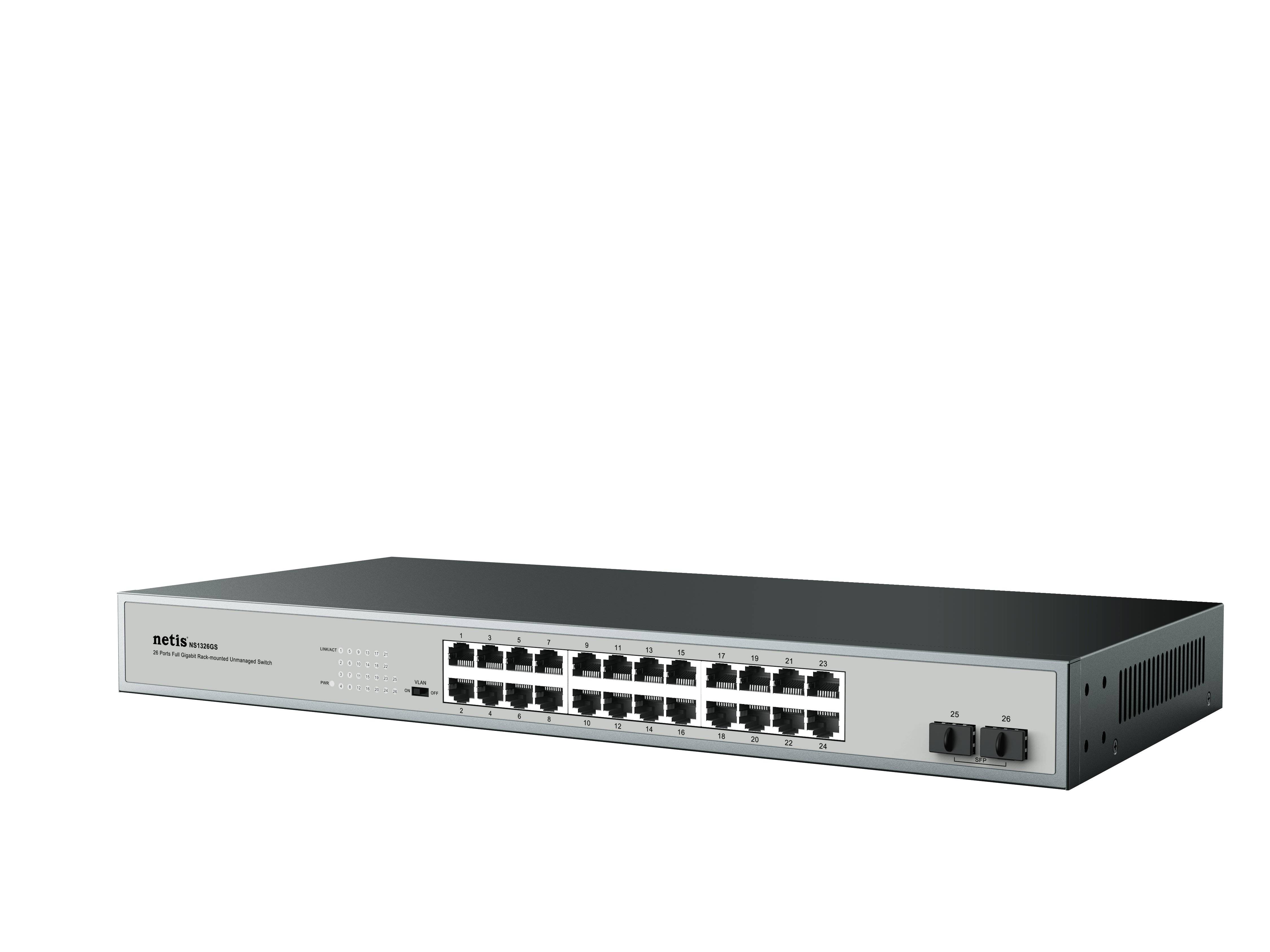 Switch NETIS modelo ST3126GS - 26 Puertos Gigabit Ethernet Switch + 2 Puertos SFP Gigabit, Montable en rack, No administrable Switch NETIS modelo ST3126GS - 26 Puertos Gigabit Ethernet Switch + 2 Puertos SFP Gigabit, Montable en rack, No administrable
